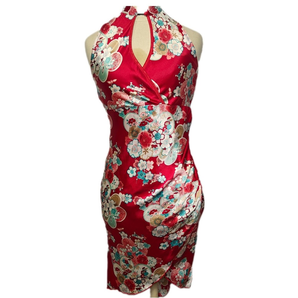 Y2K 90s Asian Inspired Halter Minidress Silky Fabric Cherry Blossom Print Small
